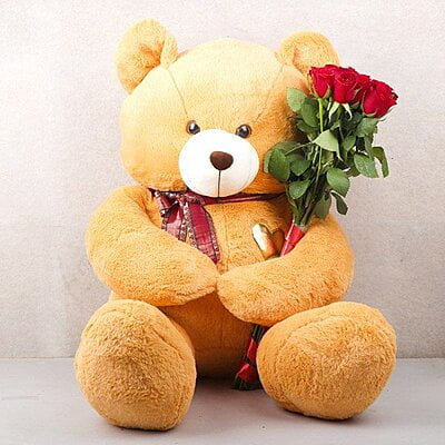 One Teddy Bear (3 Feets) and 10 Red Roses - Spotlight