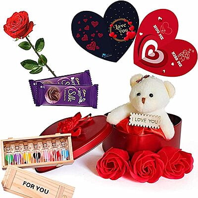 Heart Shape Metal Box,  Chocolates, Rose & Greeting Card  - Spotlight